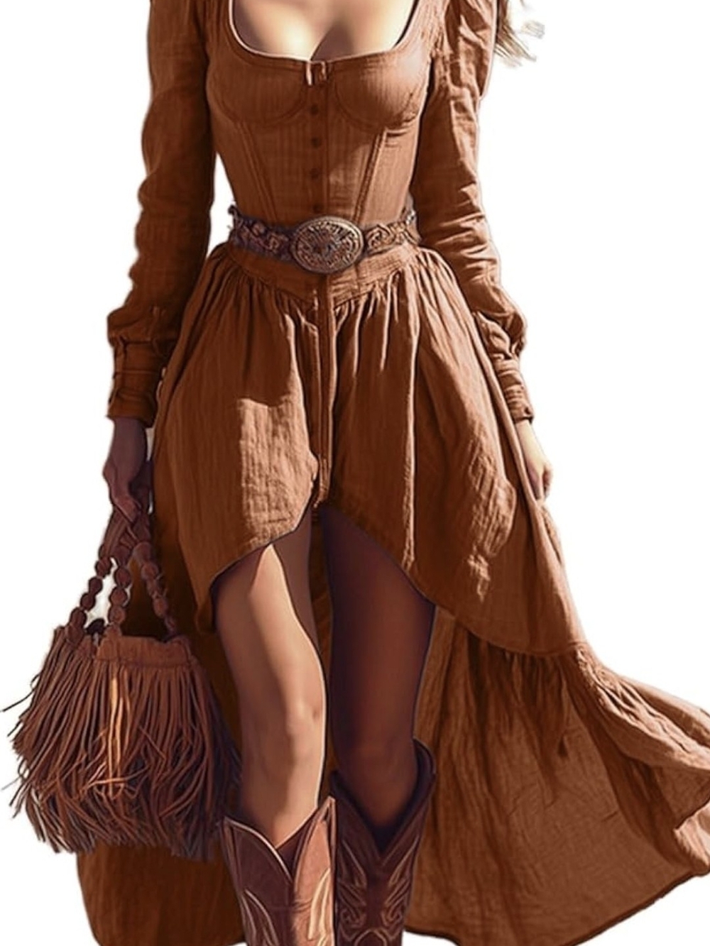 Women’s Rustic Brown Long Sleeve High-Low Maxi Dress